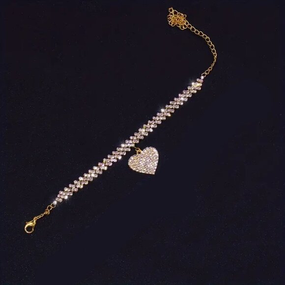 Dangling Heart Shaped Gold Tone Rhinestone Anklet or Choker - Picture 4 of 5